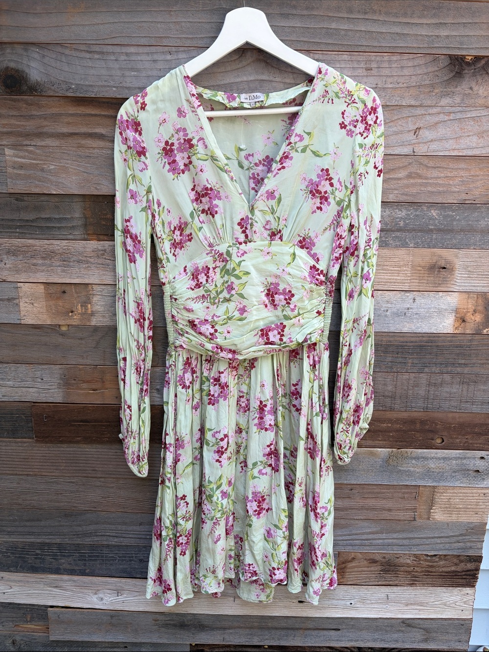 Time Floral Wrap-Style Long Sleeve Dress in Light Green and Pink